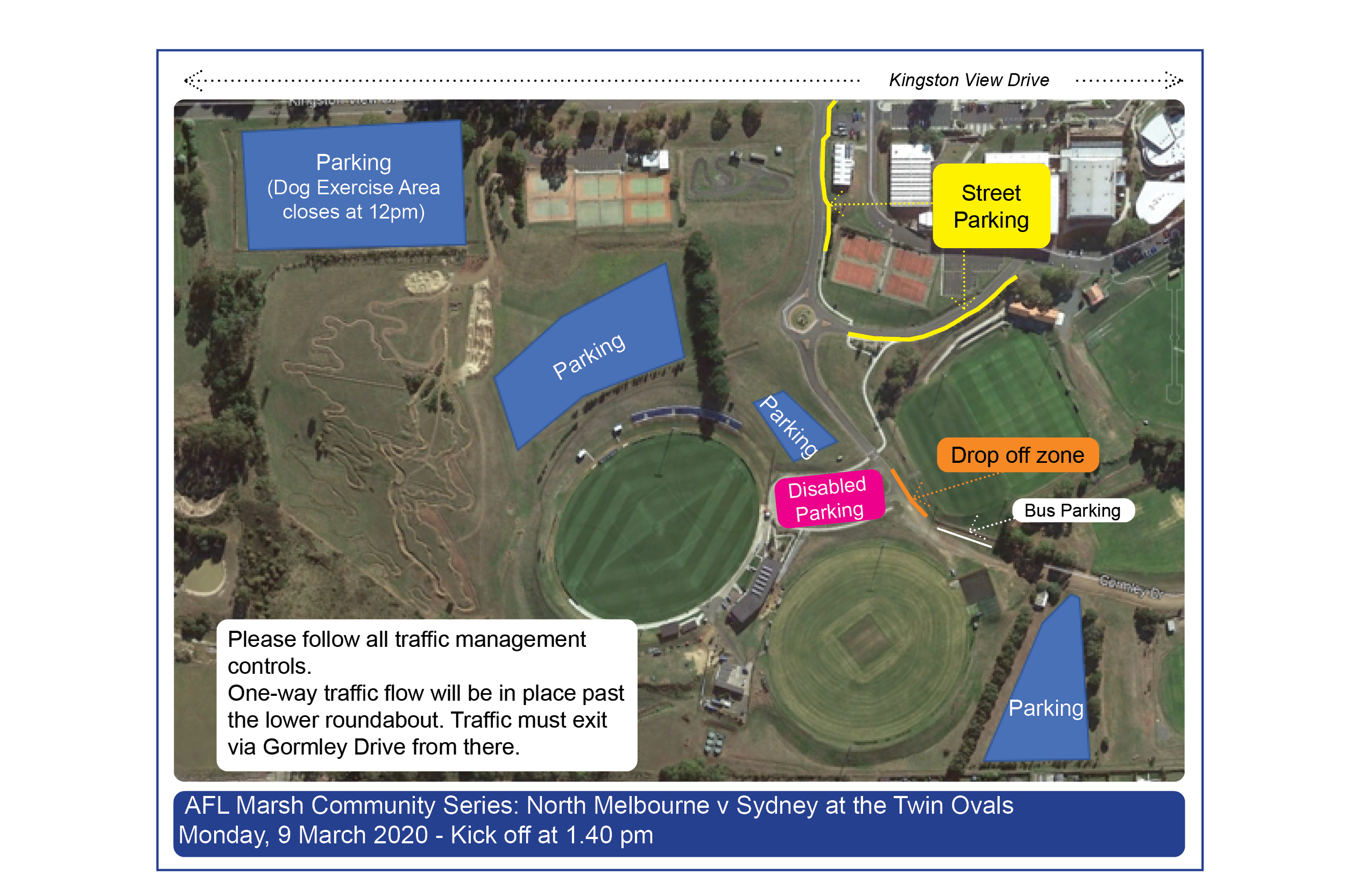 Map highlighting the designated parking areas for the AFL match